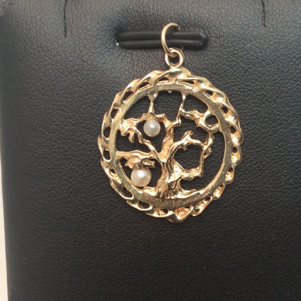 14K Yellow Real Solid Gold Tree of Life Pearl Medallion Charm Pendant 3.30 Grams